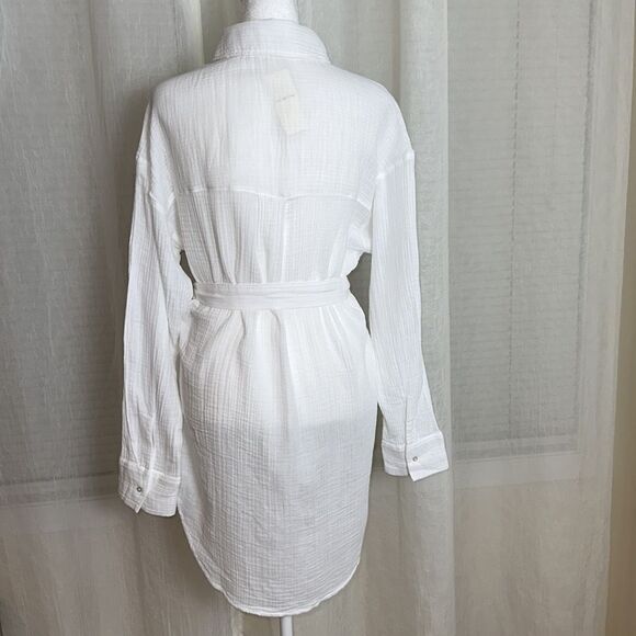 A & F S Oversized White Gauze Lightweight Cotton Button Down Belted Shirt Tunic - Picture 2 of 12